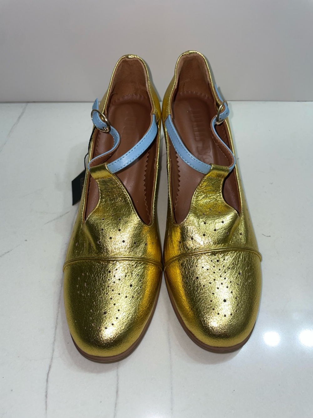Julia Bo Handmade Gold & Blue Leather Mary Janes Block Heels Women’s Size 40